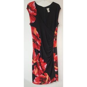 Cache Black Sheath Bodycon Sleeveless Ruched Dress  with floral design Size 12